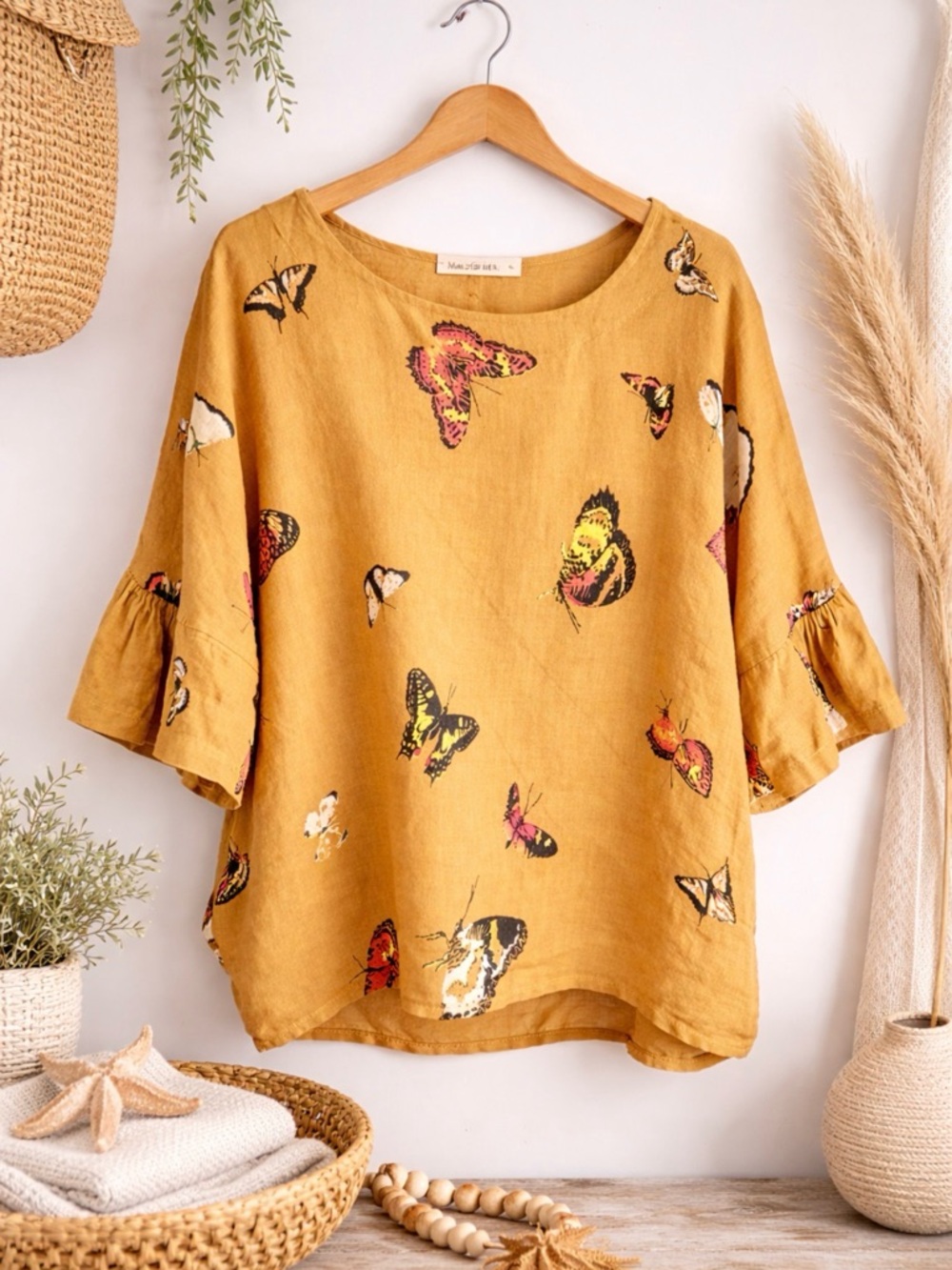Linen Blouse Lagenlook oversized S M L Italy Natural Fiber butterfly